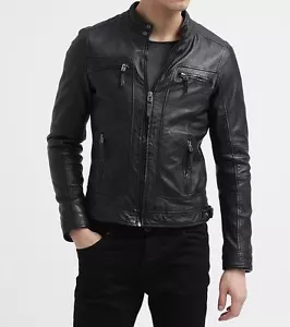Giacca in pelle cerata da uomo slim fit nera biker vera morbida caffè racer pecora - Foto 1 di 5