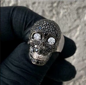 Men's Halloween Skull Ring 2 Ct Round Simulated Black Diamond Black Gold Plated - Picture 1 of 6