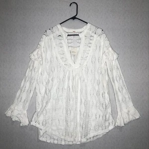 NWT Free People Candy Shop Tunic Women’s M Ivory Lace Semi Sheer Ruffle Slouchy - Picture 1 of 16