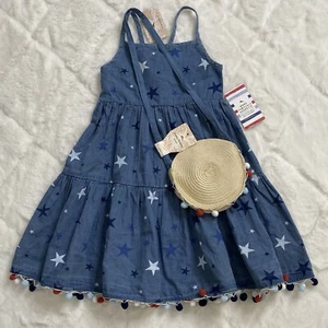 Tommy Bahama Girls Size 6 Chambray Dress Stars Patriotic Blue w/ Purse *FLAWS - Picture 1 of 16