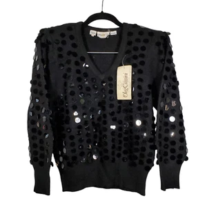 VTG NWT Oleg Cassini Chunky Sequin Knit Sweater Womens M Black Angora Rabbit - Picture 1 of 7