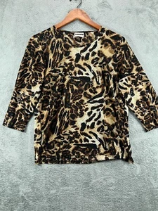 Womens Tops Small BonWorth Brown Leopard Pirnt Shirt Blouse Short Sleeve Sequin - Picture 1 of 8