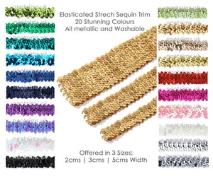 Elasticated Stretch Sequin Trimming 2cm,3cm,5cm Wide 20 Colors Dressmaking Craft - Picture 1 of 88