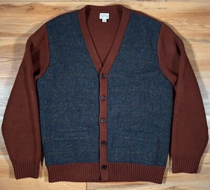 J. Crew Burnt Orange Merino Wool Knit Gray Harris Tweed Panel Cardigan Sweater L - Picture 1 of 8