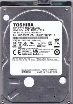 MQ04UBD200 rev: AZA AD13/JT0B0U HDKBD79AZA31 T JUN/ 2024 2TB USB 3.0 2.5 TOSHIBA - Image 1 of 4