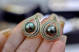 stunning 9-10mm tahitian round black green pearl stud earring 925s(sp)