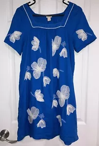 J. Crew Women’s Medium 100% Linen Embroidered Peasant Dress - Royal Blue & White - Picture 1 of 4