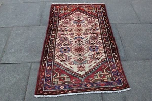 Tapis D'Orient Traditionnel En Laine Blanc Rouge Court Fait Main Usé 142x75cm - Imagen 1 de 14