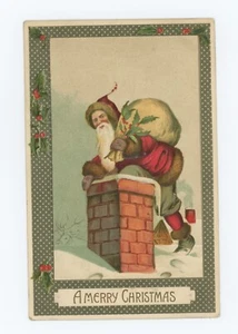 BUON NATALE ~ SANTA CHE SCENDE DAL CAMINO ~ CARTOLINA ANTICA IN RILIEVO - Foto 1 di 2
