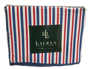 Ralph Lauren American Summer Stripe Queen Flat Sheet Red White Blue Vintage New - Picture 1 of 6