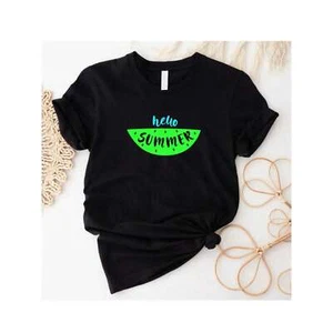 Hello summer letter watermelon print T-shirt, short sleeved soft round neck top - Picture 1 of 12