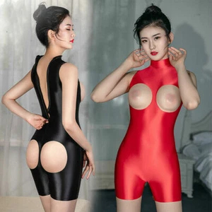 Sexy Glitter Satin Shiny Cupless Bodysuit Butt Lifter Jumpsuit Back Zip Clubwear - Picture 1 of 15