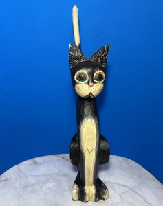 Vintage Volkskunst Kätzchen schwarz beige sitzende Katze grüne große Augen Holzfigur 15 Zoll - Bild 1 von 6