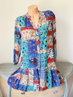 Top túnica HILOS SAGRADOS S M floral funky boho rayón hippy con volantes parche mezclado Foto 1 de 4