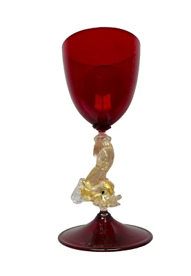 Vidrio de delfín rojo rubí veneciano de Murano Salviati de la década de 1950 de colección oro de 24 k Foto 1 de 4