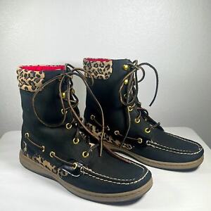 Sperry Topsider Boots Leopard Black Leather Sz. 8.5
