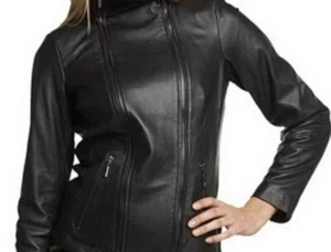 $1295 Rachel Zoe Leather Bomber/Moto Jacket With Knit Trim- Removable panel - Picture 1 of 10