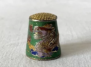 More details for metal brass and enamel thimble with green background chinese dragon design