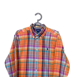 Ralph Lauren Shirt Womens XL Orange Plaid Classic Fit Small Blue Polo Pony Logo - Picture 1 of 4