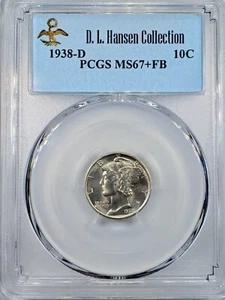1938-D Mercury Dime PCGS MS67+FB D.L Hansen Collection Plus Grade Full Bands - Picture 1 of 4