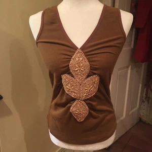 SKY Brand V Neck Halter Top Ruched & Beaded Sleeveless Russet Sz Large FAB! - Picture 1 of 10