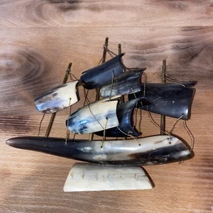 Vintage Cow Bull Horn Pirate Ship Sailing Boat Model Nautical Ocean Carved - Picture 1 of 14
