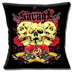 Vintage Skulls Tattoo Cushion Cover 16 inch 40cm Savage Flowers Heart Black - Picture 1 of 3