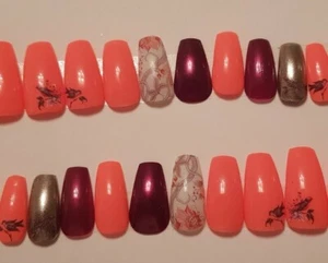 24 Falsche Nägel in Sargform in Koralle mit kleinen Vögeln - Bild 1 von 7