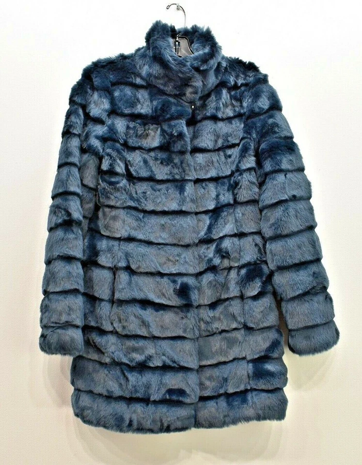 Eliza J Womens Solid Tiered Long Sleeve Snap Button Navy Blue Faux Fur Coat XS - Image 1 of 4