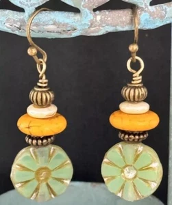 Etched Bronze with Camel and Green Picasso Bead Dangle Earrings. Boho Chic - Picture 1 of 3