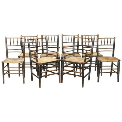 OCHO SILLAS DE COMEDOR ORIGINALES ANTIGUAS VICTORIANAS WILLIAM MORRIS PHILIP WEBB SUSSEX Foto 1 de 4