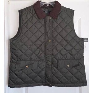Lauren Ralph Lauren Quilted Vest Olive Green Corduroy Collar Women Sz XL Country - Picture 1 of 7