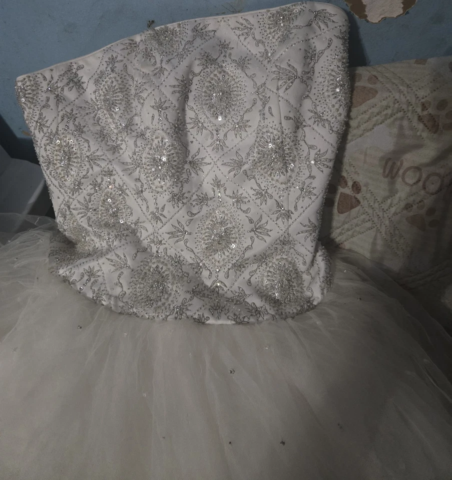 David's Bridal White Princess-Style Gown with Crystal/Bead Embellishments Size 8 - Image 1 of 4