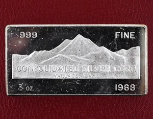 Vintage 3 oz .999 silver bar Consolidated Silver Corp 1968 Wallace Idaho - Picture 1 of 2