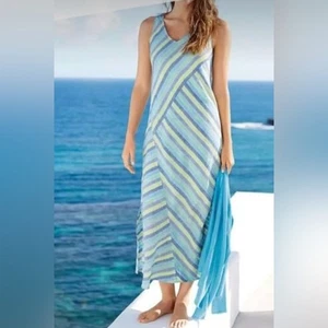 J. Jill Love Linen Striped Lotus Maxi Dress Coastal Blue Green Size M Petite - Picture 1 of 6