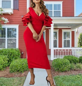 ❤️ Flounced Sleeves Cold Shoulder V Neck Back Slit Elegant Bodycon Midi Dress - Picture 1 of 7