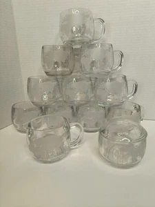 Vintage Set 12 Nestle World Globe Etched Glass Coffee Mugs Creamer & Sugar Bowl - Picture 1 of 7