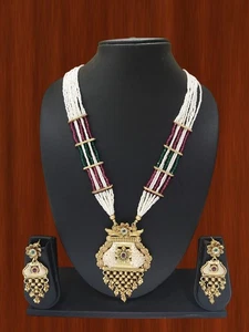 Set ciondolo lungo Mala placcato oro etnico gioielli matrimonio indiani Bollywood - Foto 1 di 2