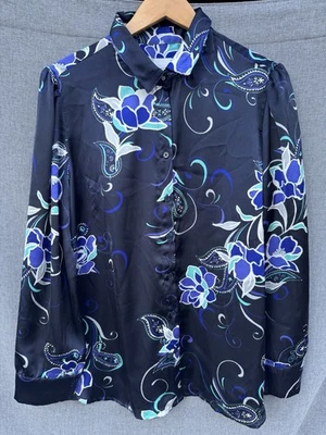 Blusa Top Chicos Talla 2 12/14 Azul Marino Floral Botón Oficina Manga Larga Satén Foto 1 de 4