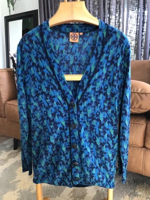Cárdigan Tory Burch Vintage Lana Largo Cuello en V Patrón Azul Talla S *agujeros* Foto 1 de 4