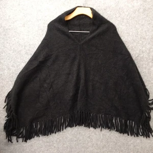 Garnet Hill Cashmere Poncho Sweater Womens Black Fringe Pullover Cape Drape OS - Picture 1 of 10