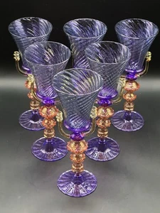 VTG RARE 6 Salviati Venetian Murano Purple Art Glass Tall Wine Stem MINT! GLOWS! - Bild 1 von 14