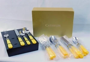 Servicio de cubiertos de acero inoxidable Cathylin REVERIE 18/10 para 4 mangos amarillos en caja NUEVO - Imagen 1 de 11