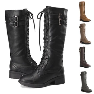 Women Military Riding Boots Low Heel Faux Fur Lined Knee High Combat Boots - Picture 1 of 26