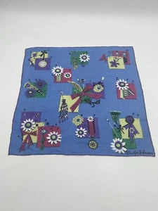Carolyn Schnurer Vintage Linen Handkerchief Blue Clock Flowers - Picture 1 of 4