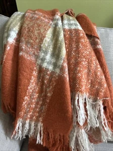 Woven Throw Blanket Rust Green Plaid 4” Fringe Domain Brand 52” X 70” - Picture 1 of 4
