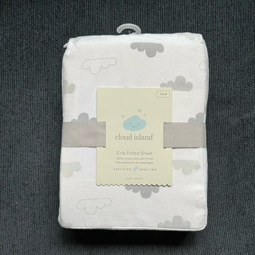NWT Cloud Island Crib Sheet Fitted 100 Cotton Gray White Cloud Print eBay