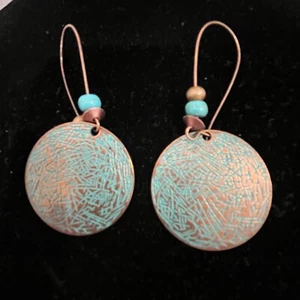 Vintage Retro Style Bronze with Turquoise Bead Dangle Hook Earrings - Picture 1 of 4