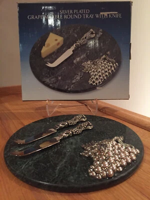 Godinger Silver Plated Grape Marble Round Tray w/ 2 vs 1 Knife # 6108 - NIB - Image 1 of 4