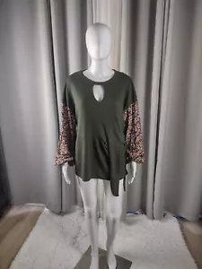 Daytrip Dusty Olive Mixed Media Free Spirit Floral Sleeve Side Tie Top Sz S (NWT - Picture 1 of 13